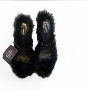 SCOOP Black Faux-Fur Wedge Slide Sandals